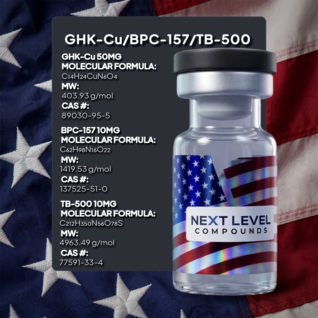 GLOW research blend vial: GHK-Cu, BPC-157 and TB-500, Next Level Compounds